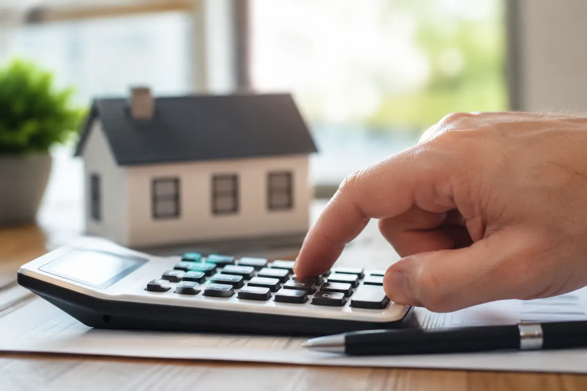 Main posée sur une calculette à côté d'une simulation de prêt immobilier sur dossier papier