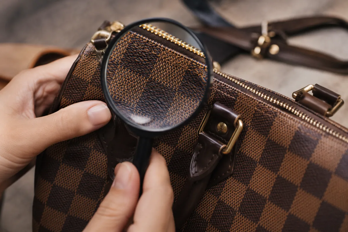 Gros plan sur les coutures et la dorure du fermoir d'un sac vintage ancien